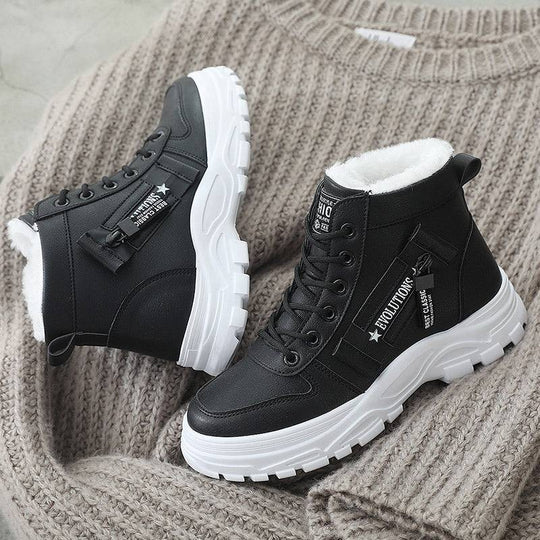 Black Korean High-top Martin Boots with white outsole and fleece interior, designed for warmth and comfort in cold weather.