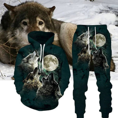 Unisex Wolf Pattern Hoodie Set for Men and Women Digital Wolf Print Streetwear Two Piece Ensemble