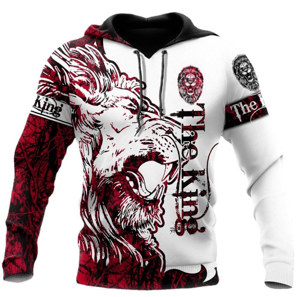 Tiger 3D Print Zipper Shirt - Cotton Blend hoodie featuring roaring red lion design with 'The King' text, perfect for statement casual wear.