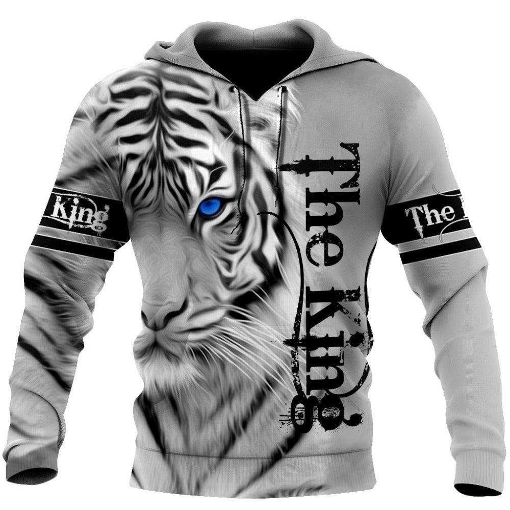 Tiger 3D Print Zipper Shirt - Cotton Blend hoodie with blue-eyed white tiger graphic and 'The King' text, ideal for bold streetwear fashion.