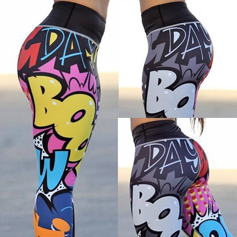 Yoga Pants Women - Printed Leggings | Polyester Fiber featuring bold comic-style graphics in multicolor, slim fit for active or casual wear.