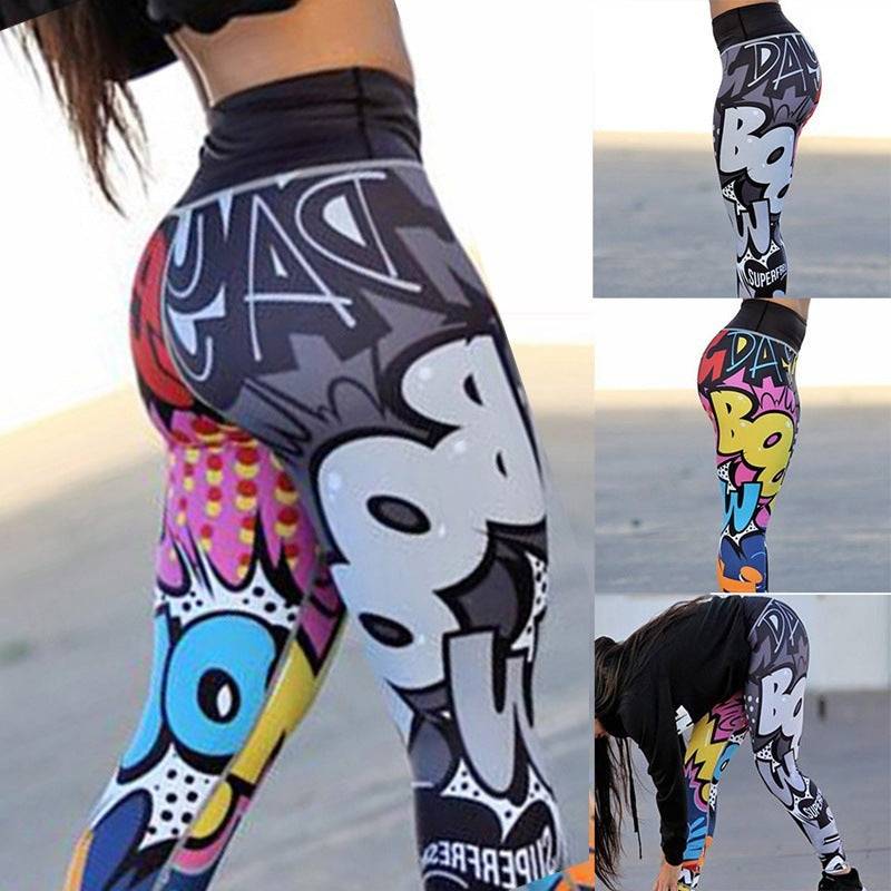 Colorful slim fit yoga pants for women with graffiti-style prints, made from polyester blend, ideal for workouts or streetwear fashion.