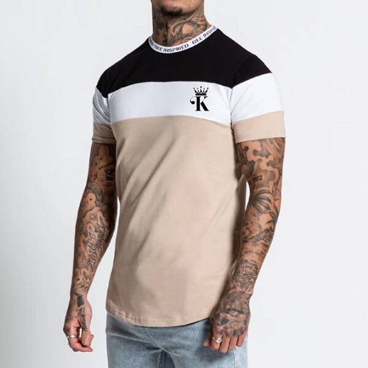 Short sleeve casual round neck t-shirt in beige, white, and black color blocks with digital print logo and fitted style.