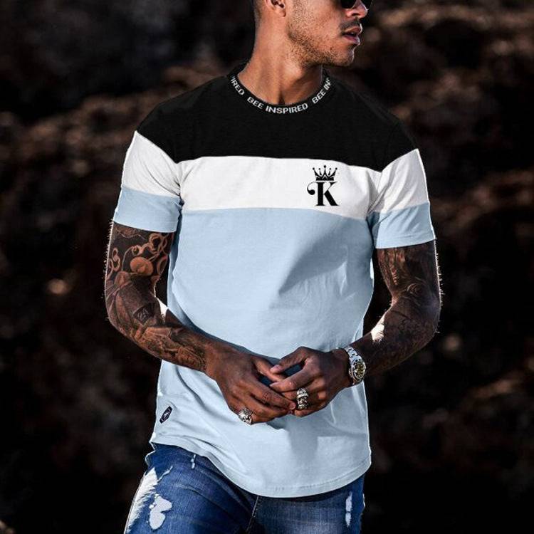 Light blue, white, and black casual round neck t-shirt with short sleeves and digital print logo, ideal for everyday wear.