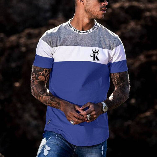 Blue, white, and gray casual round neck t-shirt with short sleeves and digital chest logo, combining comfort and modern style.