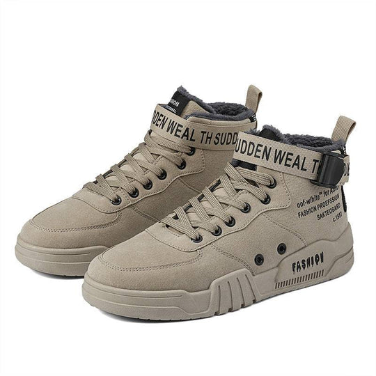 Beige men's high-top sneakers with bold text accents and thick soles, combining comfort and street-style for daily wear.
