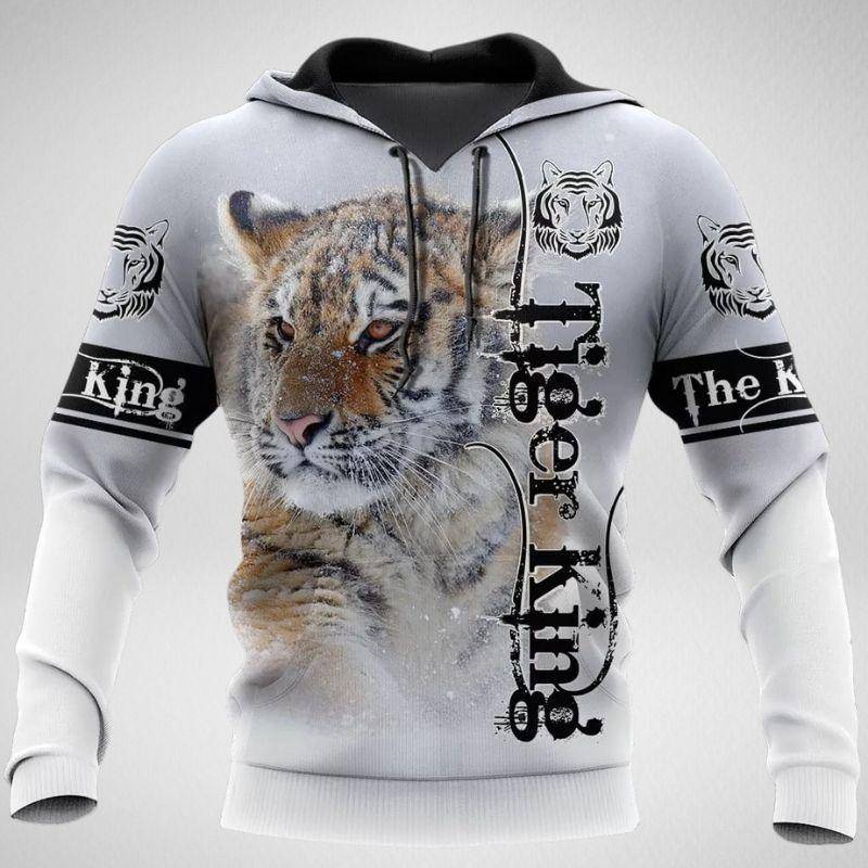 Tiger 3D Zipper Shirt - Versatile Cotton Hoodie featuring a realistic tiger print, bold 'Tiger King' text, and black sleeve accents.