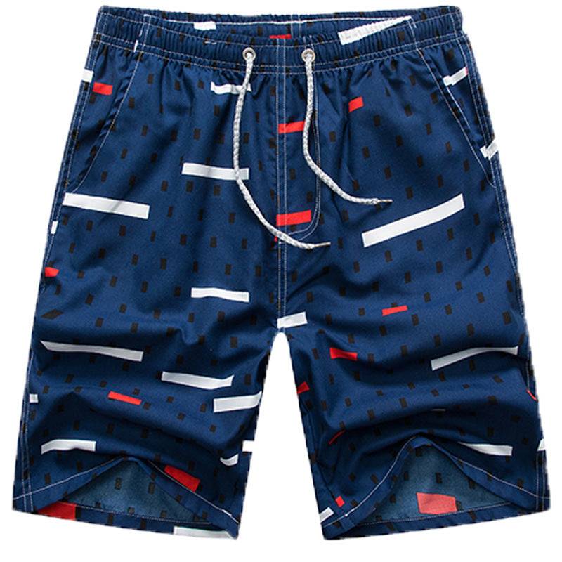 Navy blue men's beach shorts with red and white abstract stripes, combining comfort and modern style for summer wear.