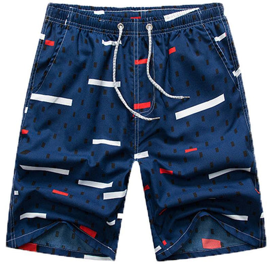 Navy blue men's beach shorts with red and white abstract stripes, combining comfort and modern style for summer wear.