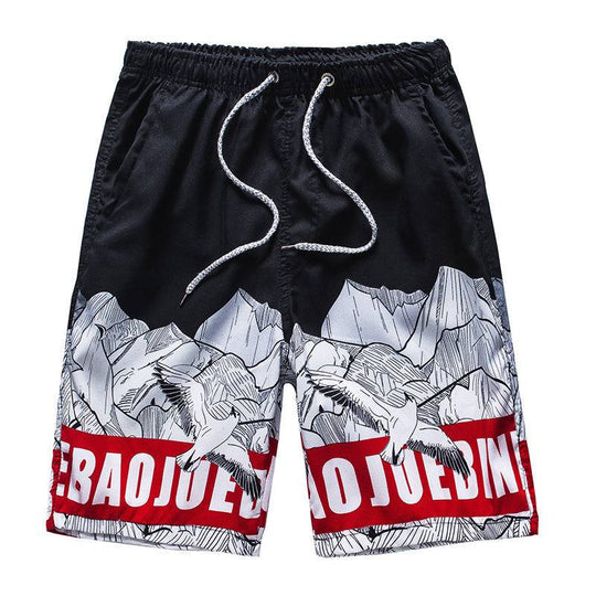 Black and red men's beach shorts with mountain and seagull print, combining bold graphics with a relaxed fit for summer.