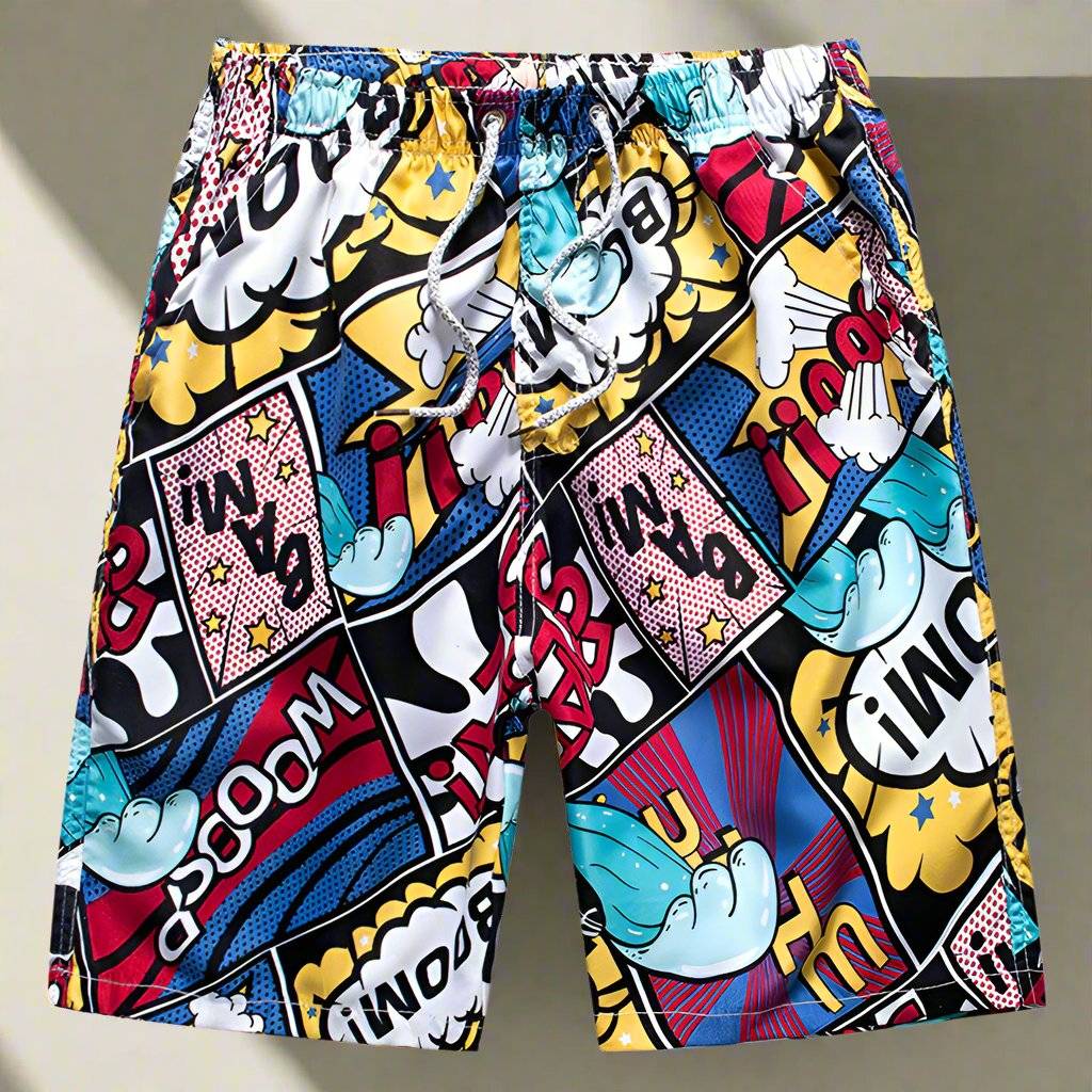 Colorful men's beach shorts with comic-style pop art design, perfect for a fun and vibrant summer look.
