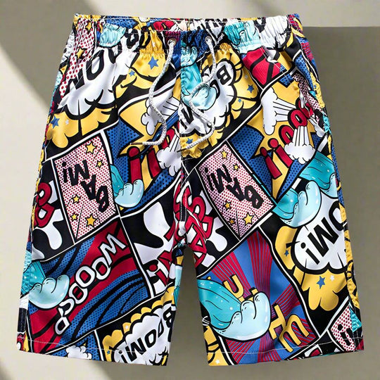 Colorful men's beach shorts with comic-style pop art design, perfect for a fun and vibrant summer look.