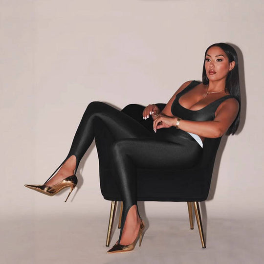 Front Step Shiny Leggings - Slim Fit Nylon Trousers in glossy black, paired with matching top and heels, ideal for modern fashion looks.