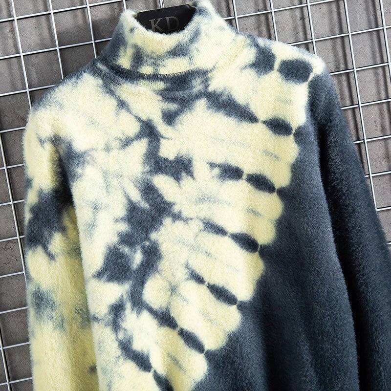 Warm couple velvet sweater in yellow and navy tie-dye pattern, featuring a thickened mink velvet base for cozy winter wear.