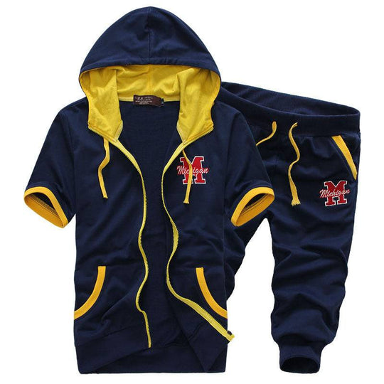 Navy men's hooded short sleeve sweater and shorts set with yellow zipper and 'Michigan' logo, ideal for casual streetwear fashion.