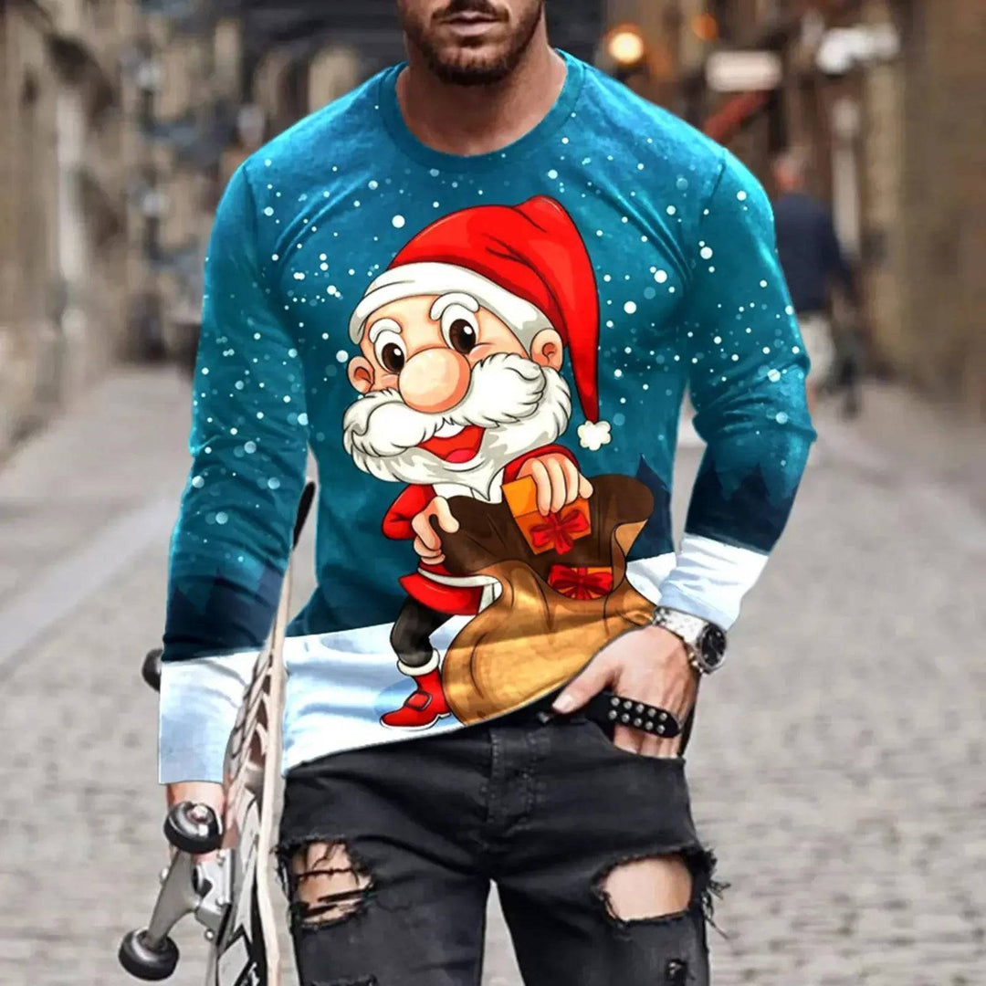 3D print holiday shirt with cartoon Santa and gift sack, snowy winter theme, long sleeve festive wear, S-6XL.