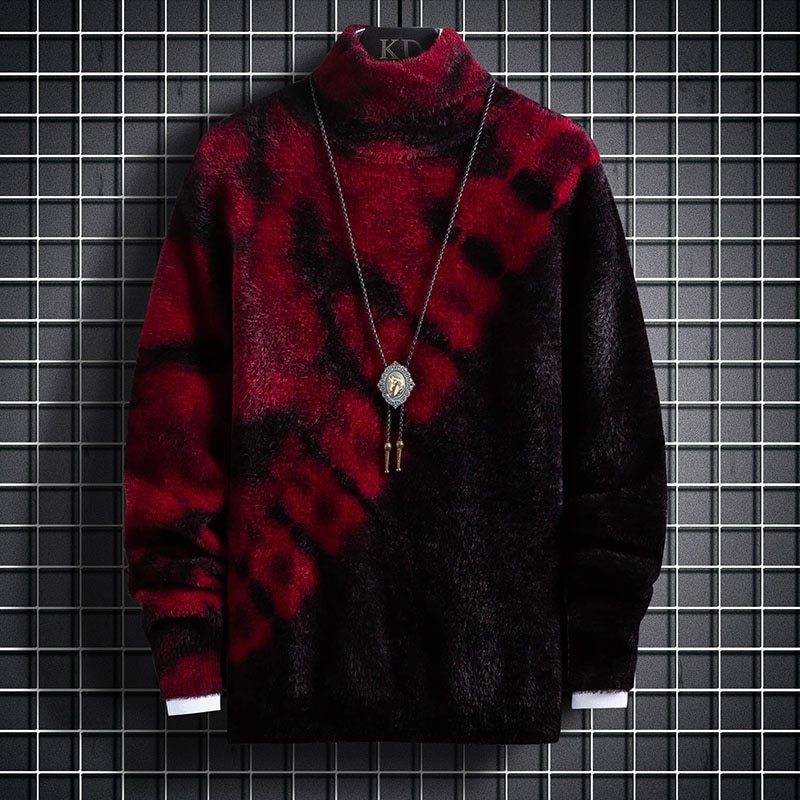 Couple velvet sweater in red and black tie-dye design with thick mink velvet base, ideal for winter fashion and warmth.