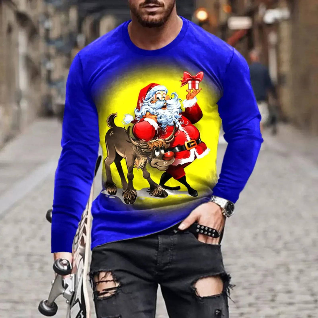 3D print holiday shirt with Santa and reindeer on vibrant blue background, festive long sleeve top, available in S-6XL.