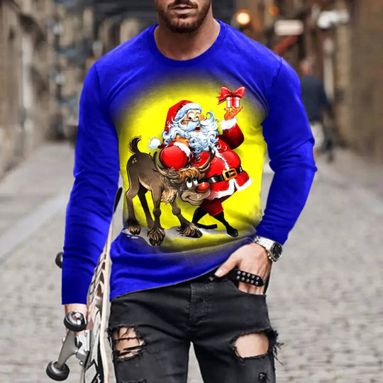 3D print holiday shirt with Santa and reindeer on vibrant blue background, festive long sleeve top, available in S-6XL.