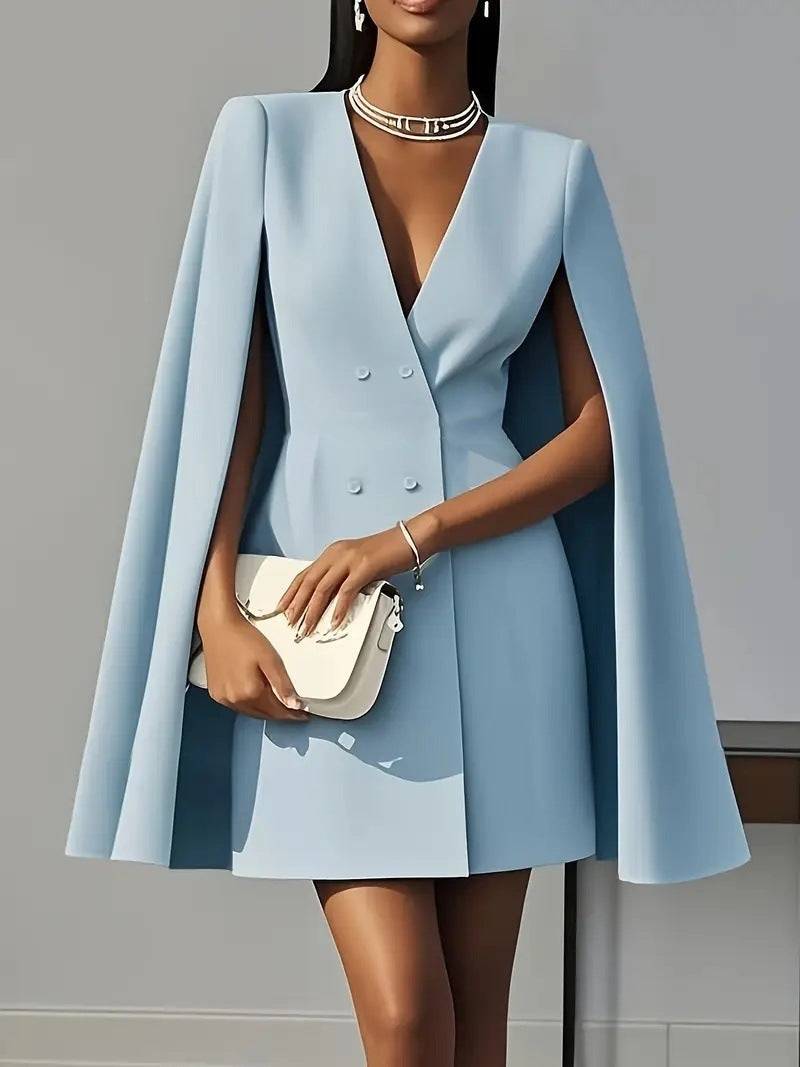 Blue Shawl Cape Suit Dress - Commuter Style featuring cape sleeves and a double-breasted front. Available in S to XXL sizes.