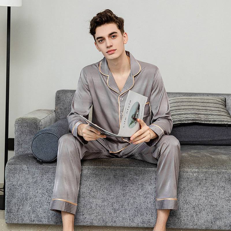 Men's silk pajamas in grey ice silk with long sleeves and trousers, featuring contrast piping, ideal for stylish indoor lounging.