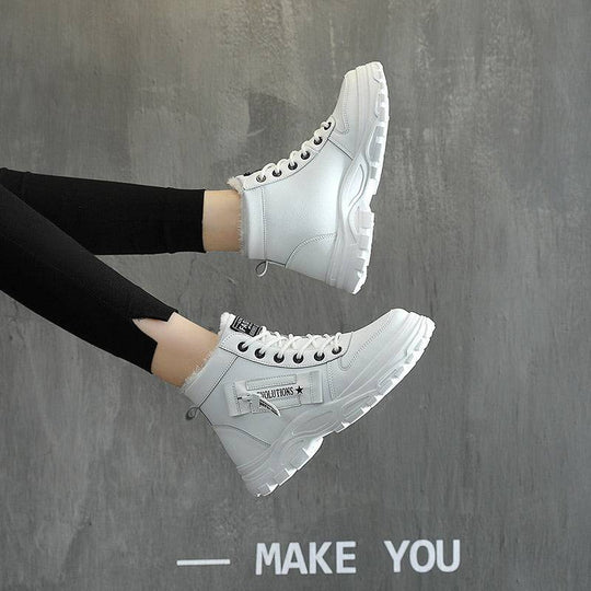 Korean High-top Martin Boots in white worn with black leggings, showcasing stylish and warm student footwear.