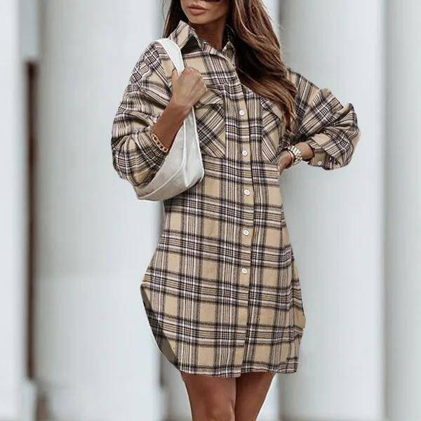 Women's Printed Plaid Plus Size Pocket Shirt Dress in khaki with long sleeves and front buttons, styled casually with a shoulder bag.