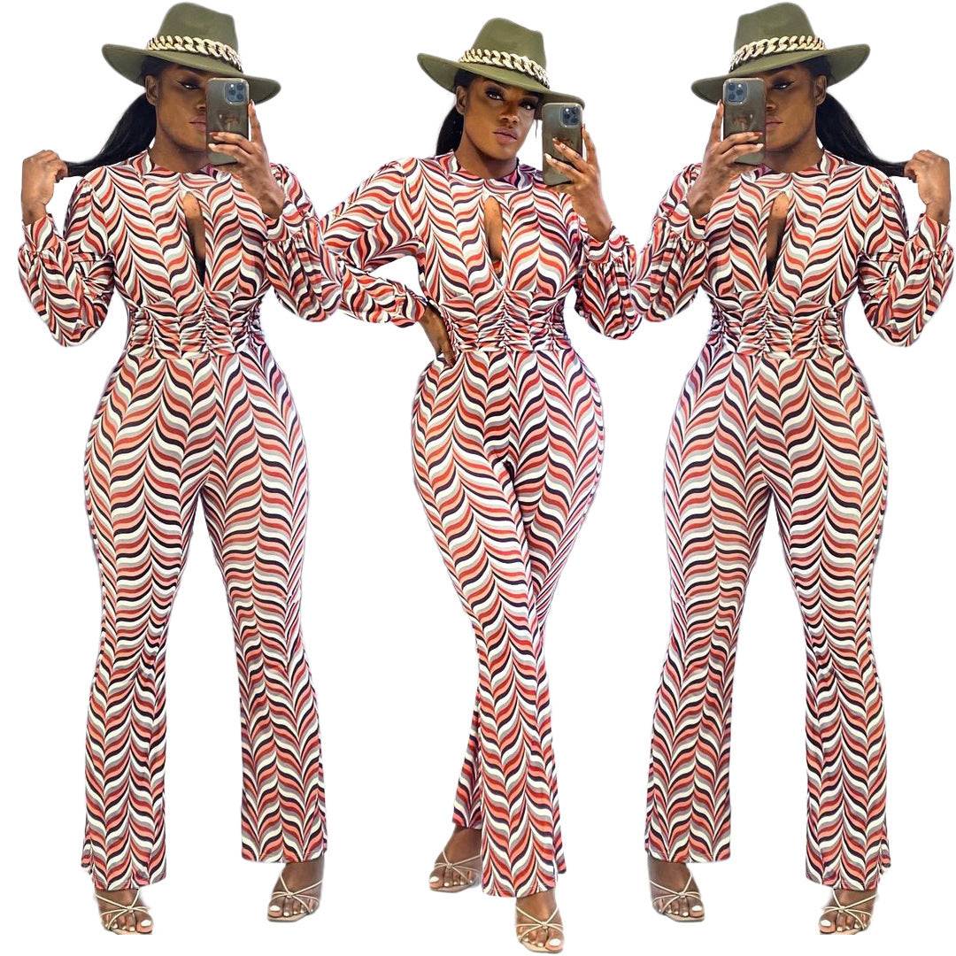 Smocked Print Flared Jumpsuit - Cutout Nipped Waist shown in three mirrored poses, highlighting the bold chevron print and flared legs.