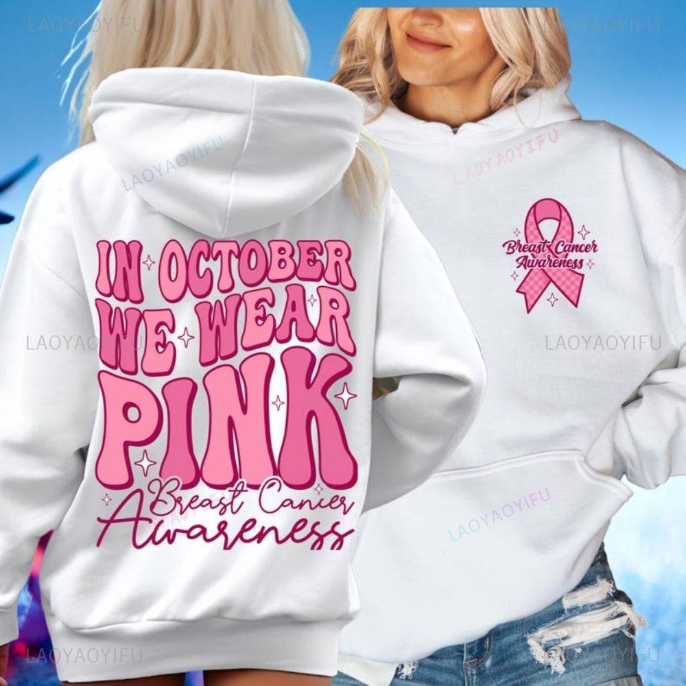 White hoodie with pink breast cancer awareness ribbon and bold October message, perfect for supporting awareness in stylish comfort.