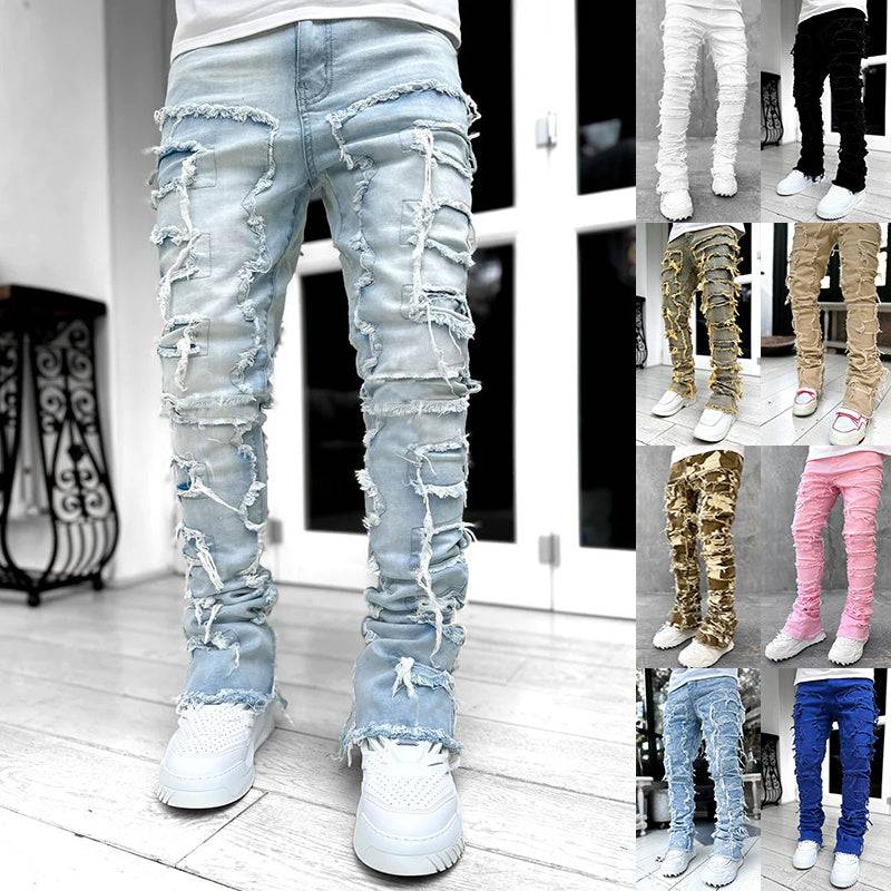 Men's stacked jeans in multiple colors with distressed patchwork design. Tight fit denim ideal for trendy and comfortable men's fashion.