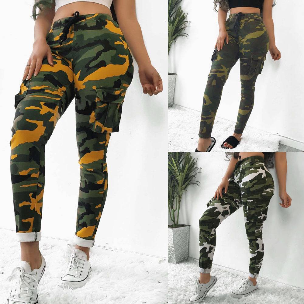 Women's Plus Size Camo Pants in yellow-green camo print with high waist and cargo pockets, ideal for fall-winter casual wear.