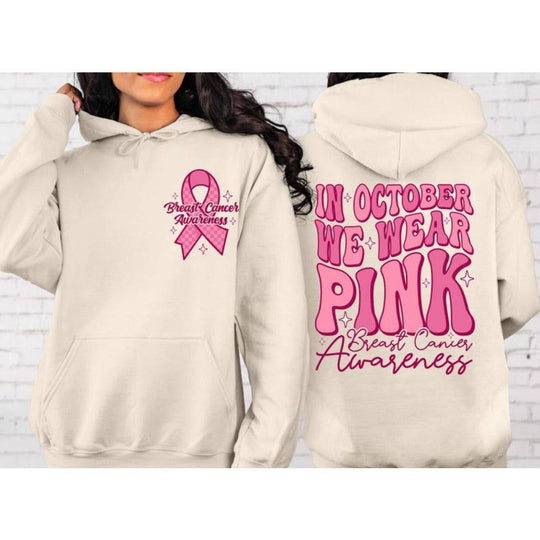 Khaki hoodie featuring pink breast cancer ribbon on front and bold October awareness message on back, made from soft polyester fiber.