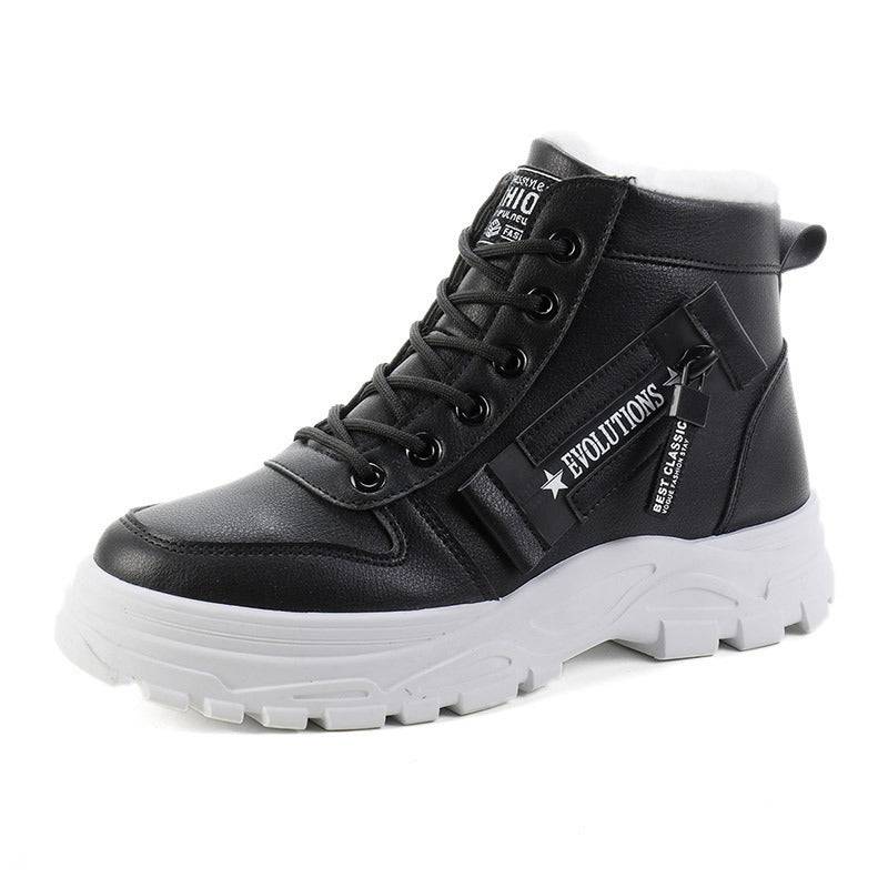 Black Korean High-top Martin Boots for Students with white sole and side zipper detail, perfect for daily winter outfits.