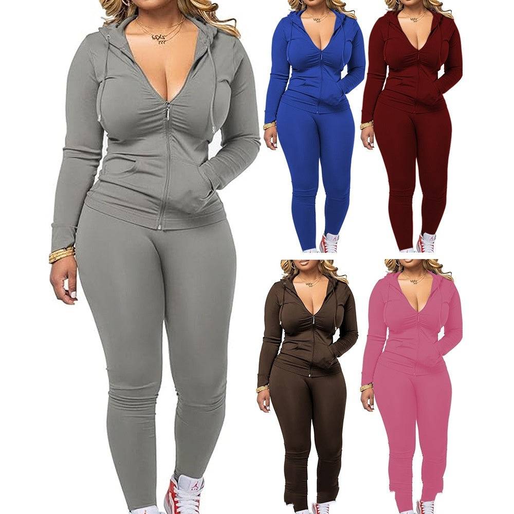 Women's casual fleece hoodie outfit set shown in five colors: blue, burgundy, pink, brown, and gray. Stylish polyester two-piece for everyday wear.