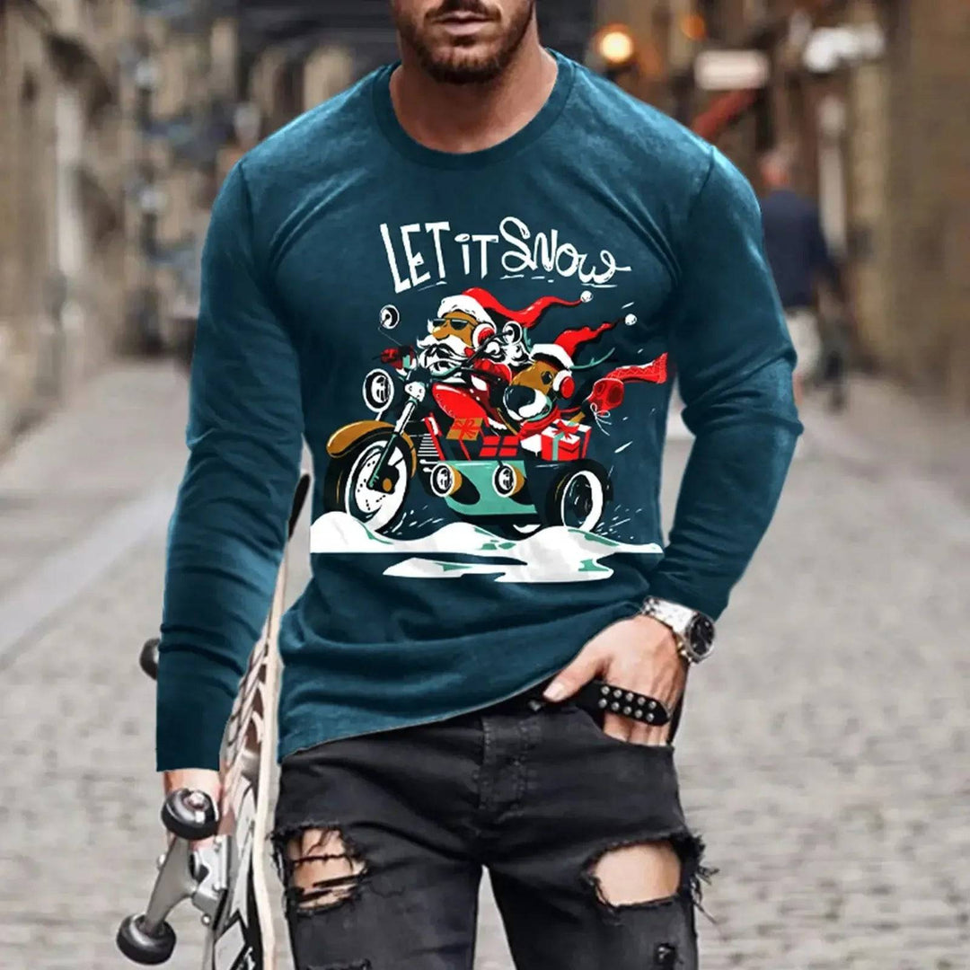 3D print holiday shirt with Santa and dog on motorcycle, 'Let It Snow' design, long sleeve festive shirt, S-6XL sizes.