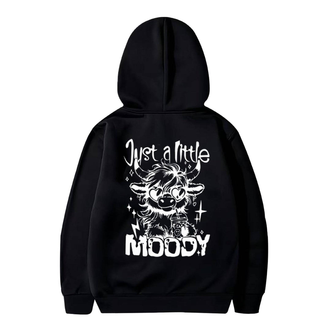 Black polyester hoodie with white 'Just a Little Moody' cow design, part of American casual trend fashion collection.