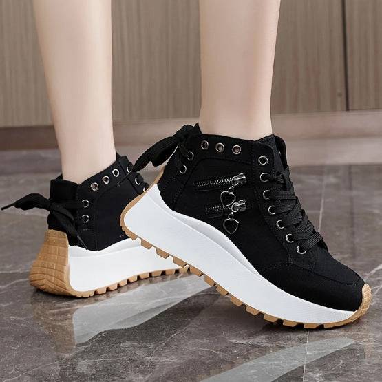 Black high-top casual sneakers for women with platform sole, lace-up front, and rear bow detail, perfect for trendy outfits.