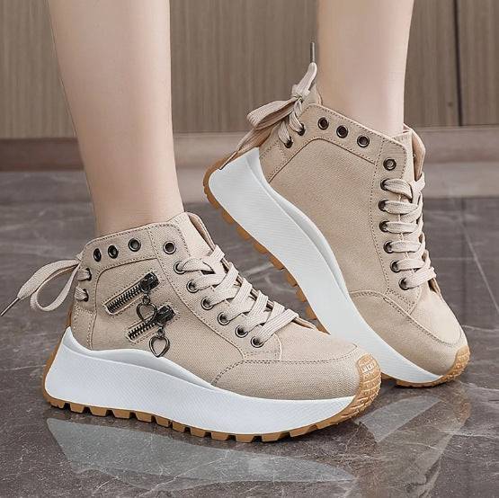 Khaki women's platform fashion sneakers featuring high-top style, round toe, and decorative zippers with heart charms.
