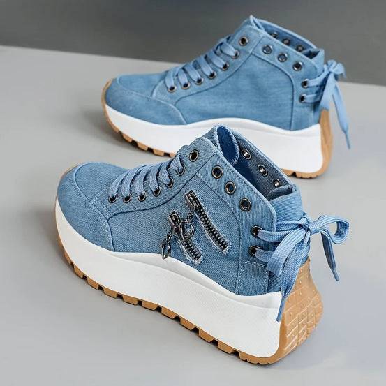 Blue women's high-top platform sneakers with thick sole, zipper charm accents, and lace-up closure, available in sizes 35-42.