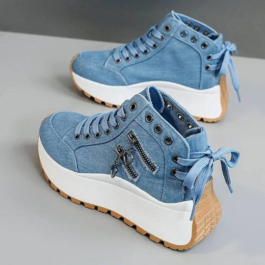 Blue women's high-top platform sneakers with thick sole, zipper charm accents, and lace-up closure, available in sizes 35-42.