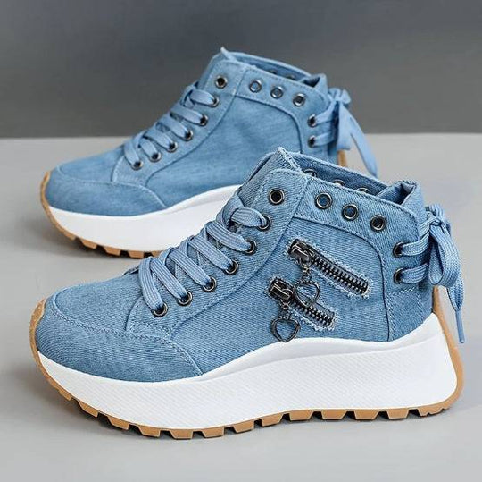 Blue high-top platform sneakers for women with zipper heart charm detail, PU material, and rugged sole for everyday fashion.