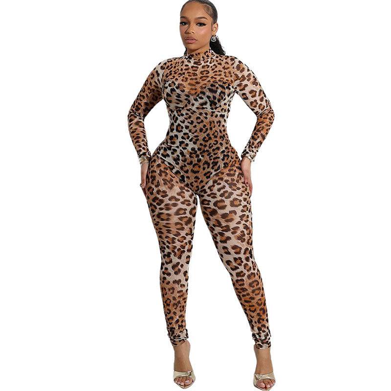 Full front view of sexy mesh leopard print high waist jumpsuit for women, showcasing a sleek silhouette and modern street fashion vibe.