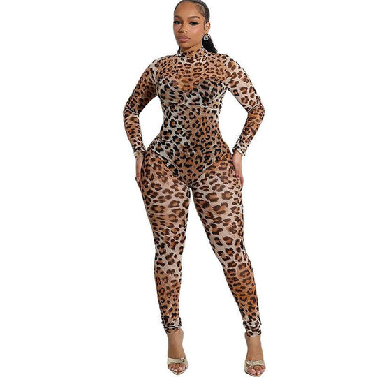 Full front view of sexy mesh leopard print high waist jumpsuit for women, showcasing a sleek silhouette and modern street fashion vibe.