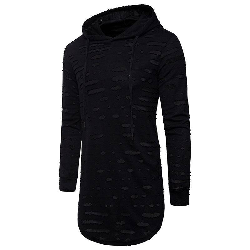 Black versatile mid-length hooded sports T-shirt with long sleeves and textured cutout pattern, perfect for athletic or streetwear style.