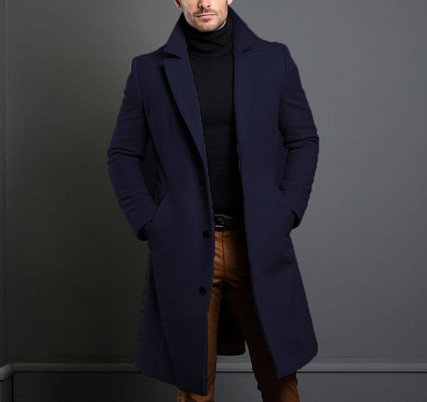 Men's woolen trench coat in navy blue, mid-length and elegant for versatile cold-weather fashion. Designed for warmth and sophistication.