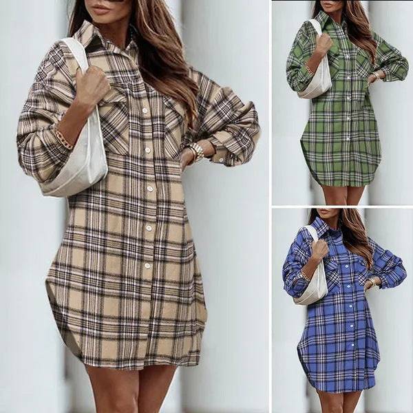 Women's Printed Plaid Plus Size Pocket Shirt Dress in khaki, green, and blue color options, showcasing front pockets and relaxed fit.