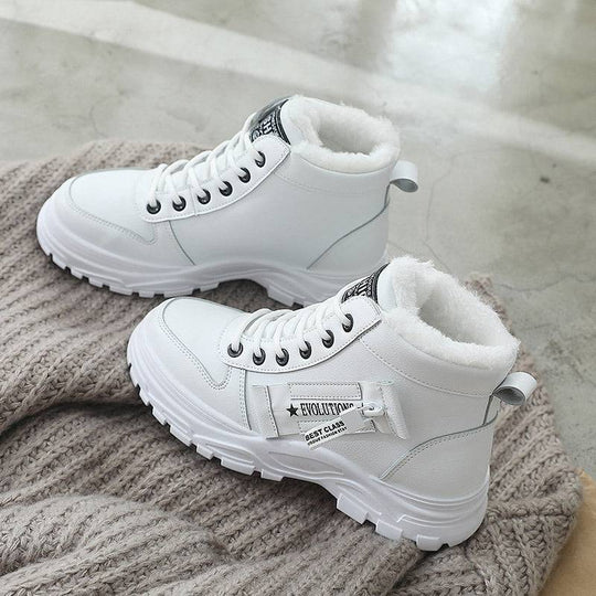 White Korean High-top Martin Boots for Students with faux fur lining and thick sole, ideal for winter casual wear.