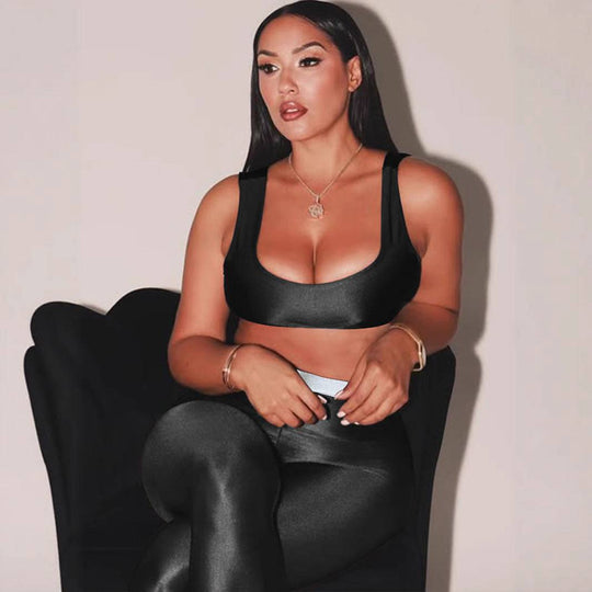 Front Step Shiny Leggings - Slim Fit Nylon Trousers in black, paired with matching crop top, showcasing sleek and shiny finish for bold style.