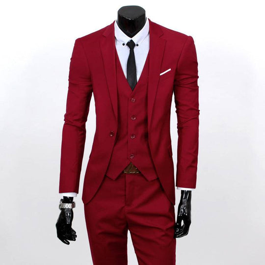 Red Men's Suit Set - One Button Work All-Match with white shirt and black tie, offering a sharp and confident business look.