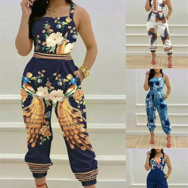 Women's casual print jumpsuit featuring peacock and floral designs in navy, white, and denim styles. Stylish and comfortable for any occasion.